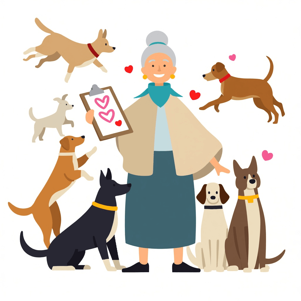 Matchmaker surrounded by happy rescue dogs